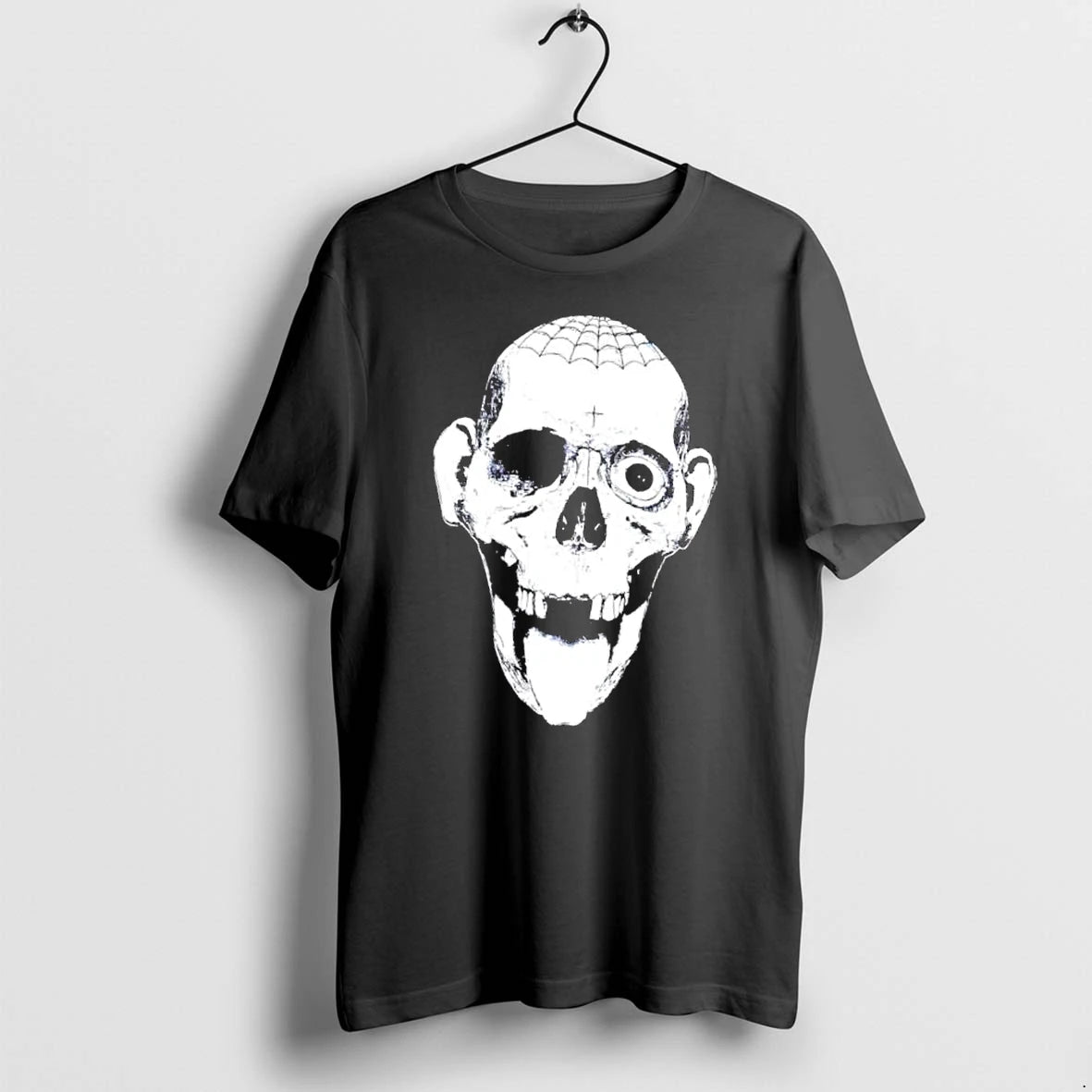 Officials Monochrome Skeleton Spiderweb Eyeball Tongue Illustration Mens T Shirt Sweater