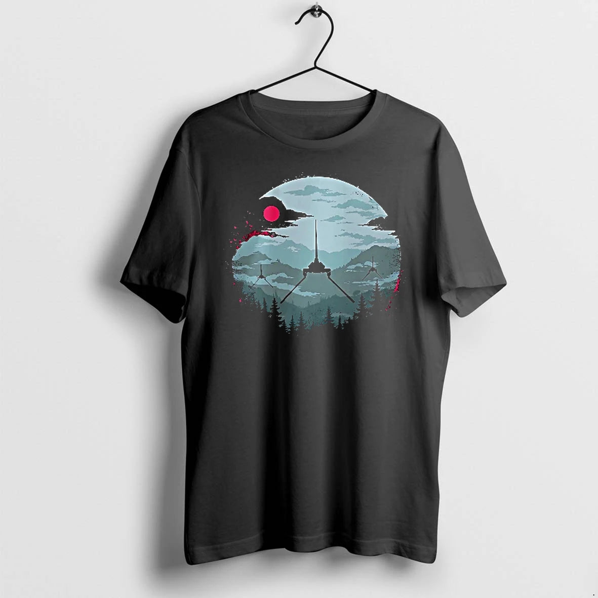 Officials Sci Fi Spaceships Silhouette Flying Forest Mountain Circular Moon Distressed Youth T Shirt Sweater