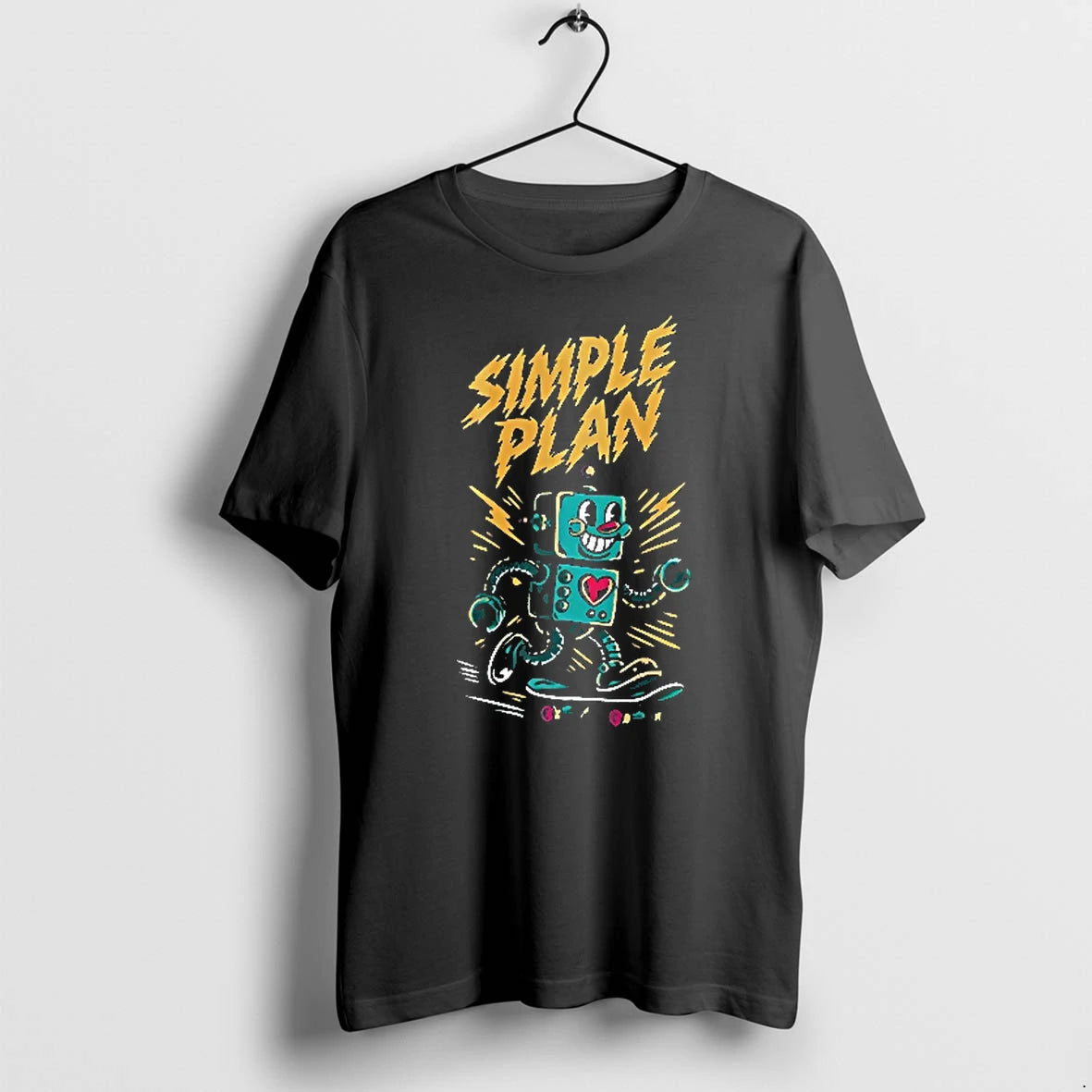Officials Simple Plan Retro Cartoon Robot Riding Skateboard Lightning Youth T Shirt Sweater
