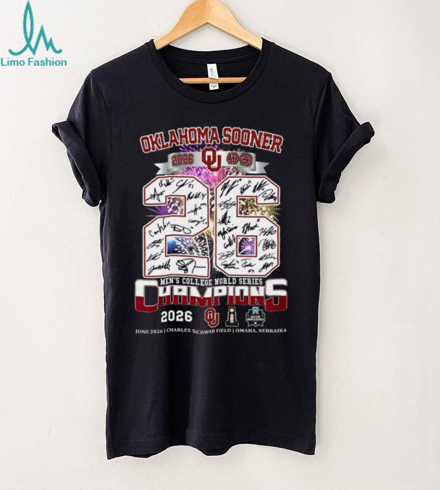 Oklahoma Sooners 2026 Men’s College World Series Champions Signatures Fireworks Fans Shirt