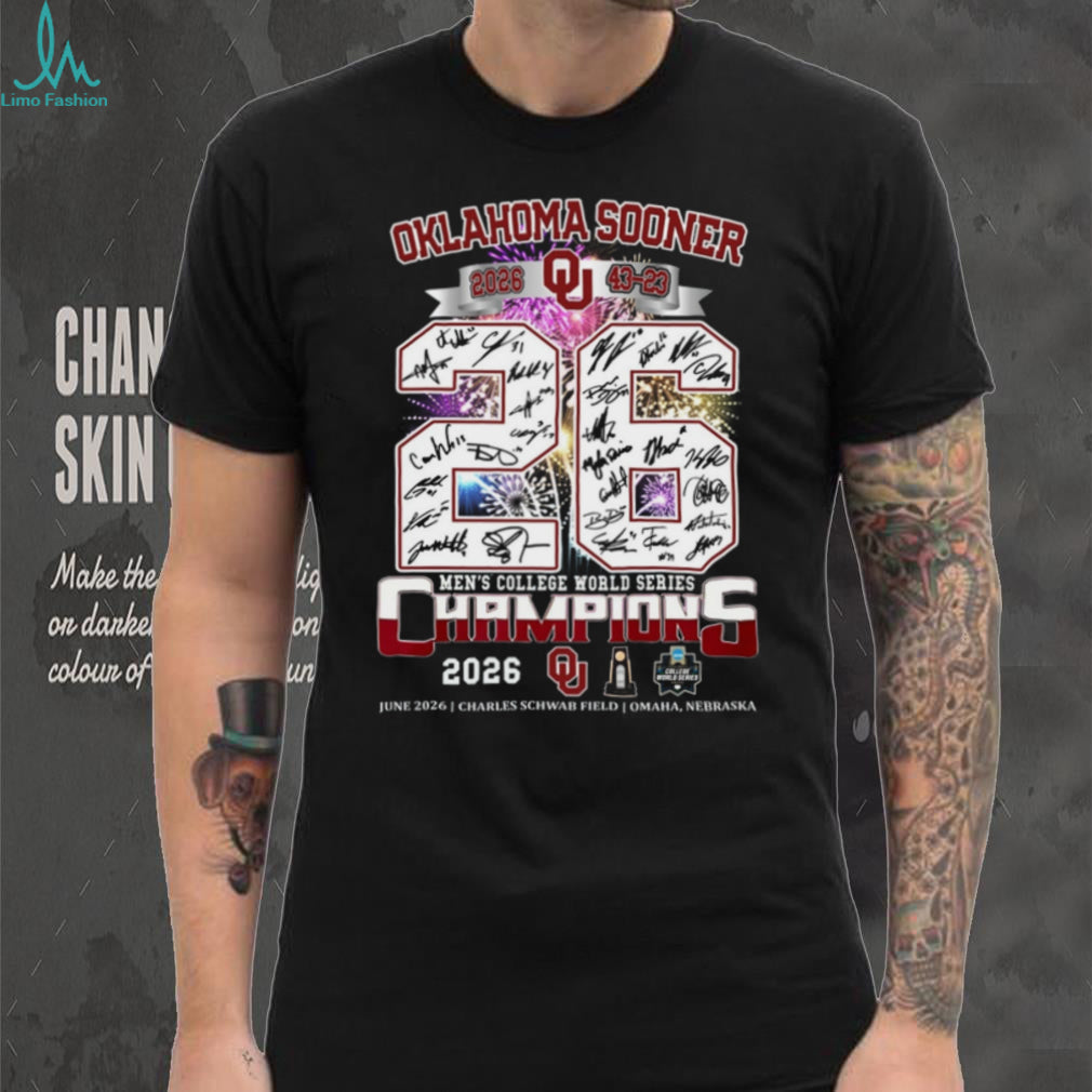 Oklahoma Sooners 2026 Men’s College World Series Champions Signatures Fireworks Fans Shirt