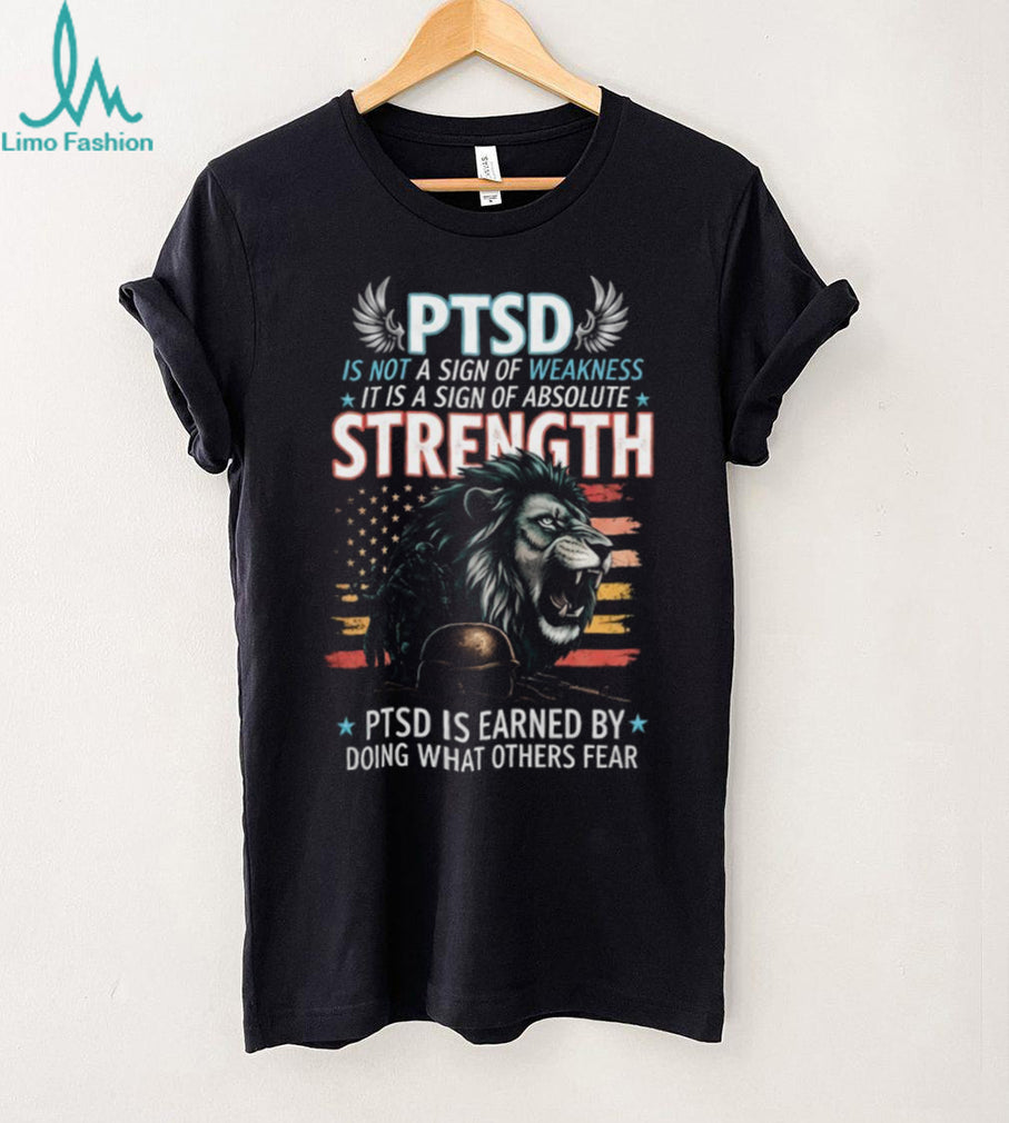 PTSD Strength Lion Military Veteran Support American Flag T Shirt
