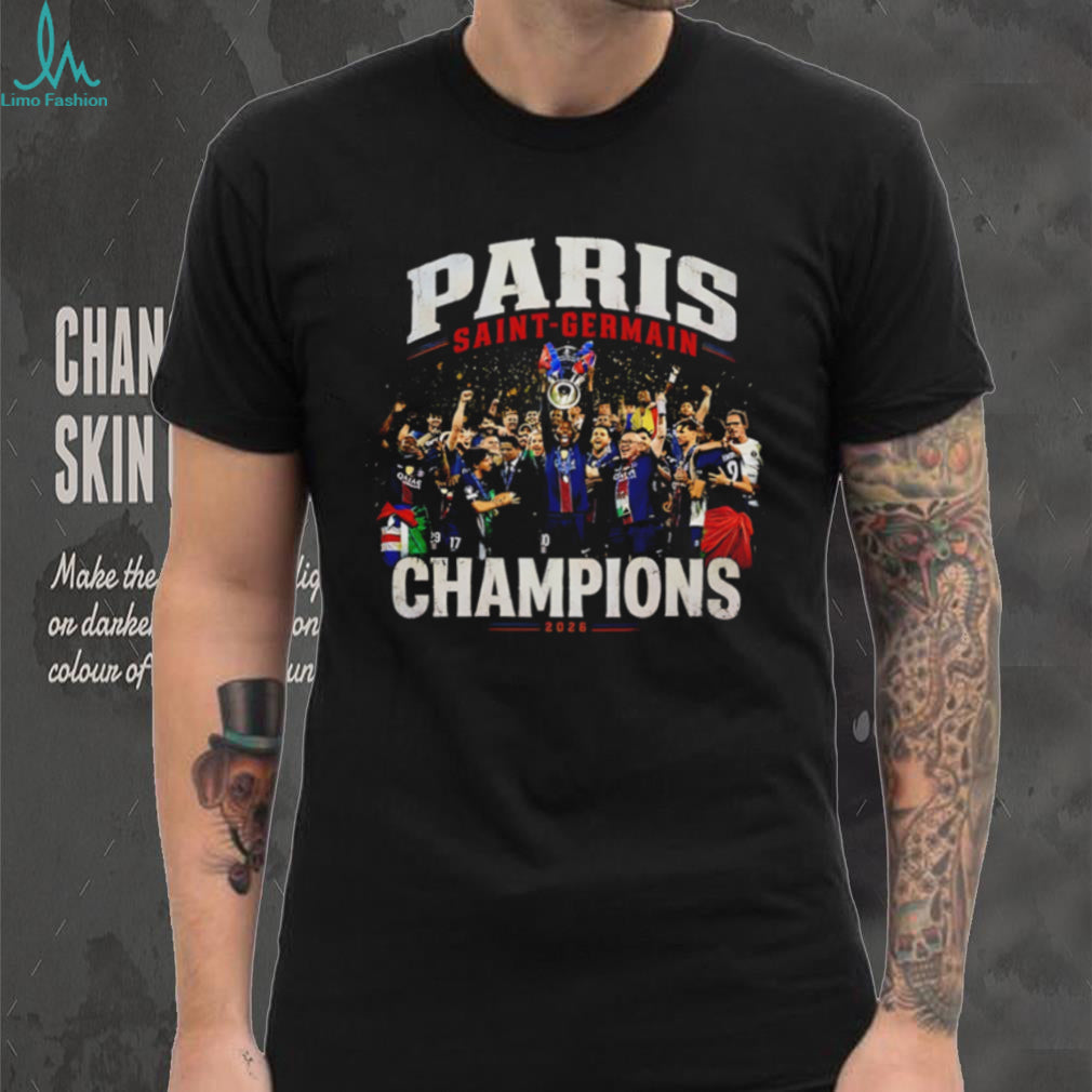 Paris Saint Germain Champions 2026 celebrating victory graphic shirt