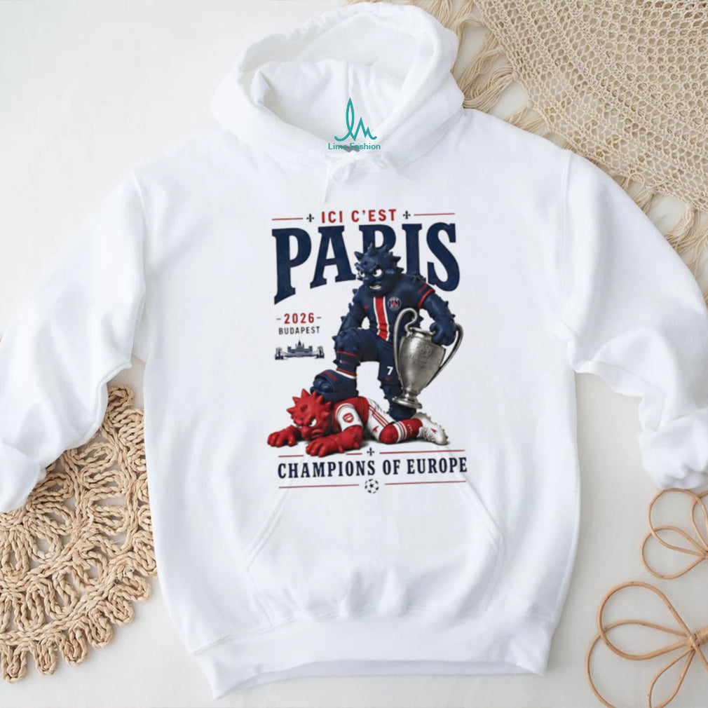 Paris Saint Germain beat Arsenal ici c’est Paris Champions of Europe 2026 Budapest mascot shirt