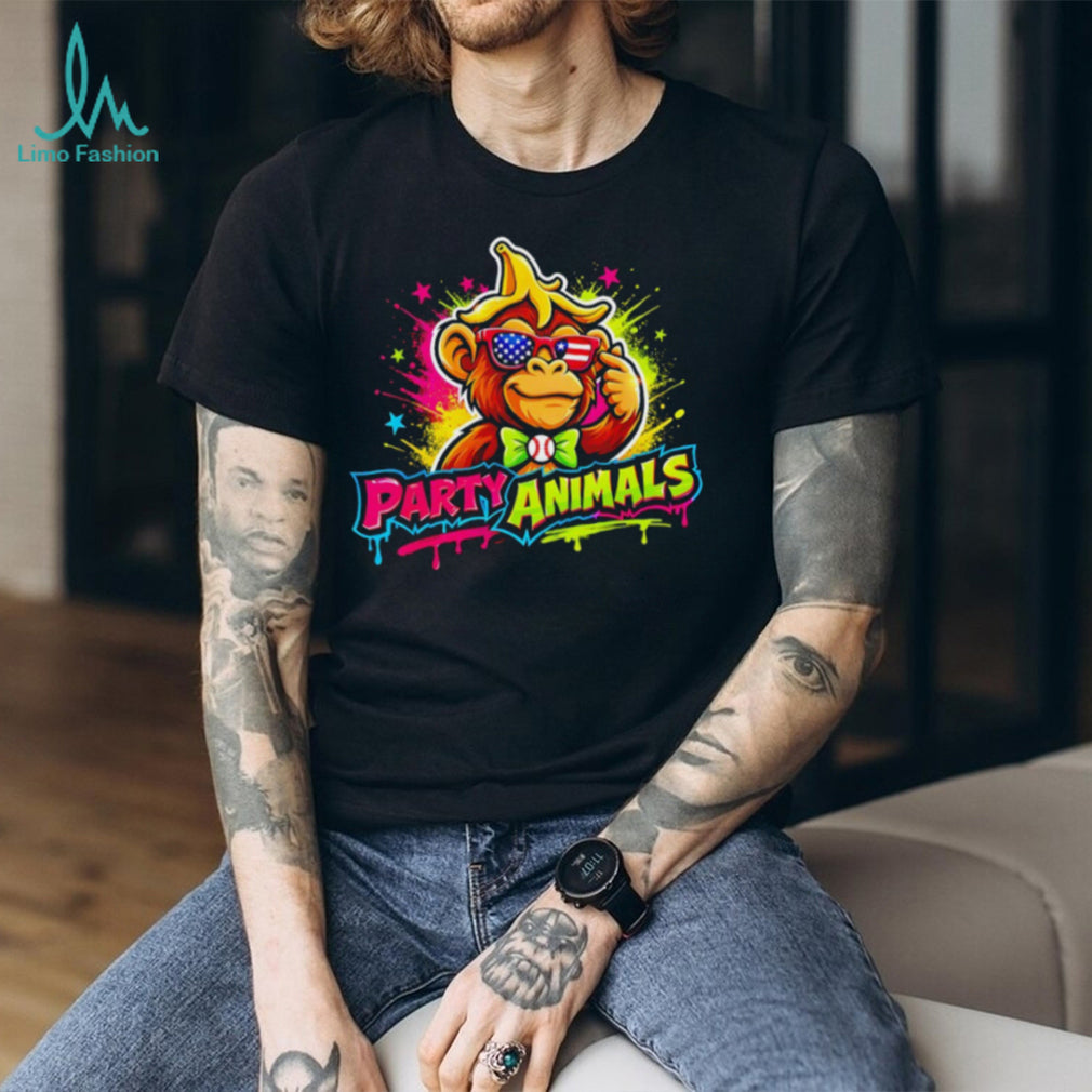 Party Animals Gorilla Sunglasses USA Flag Bowtie Neon Graphic T Shirt