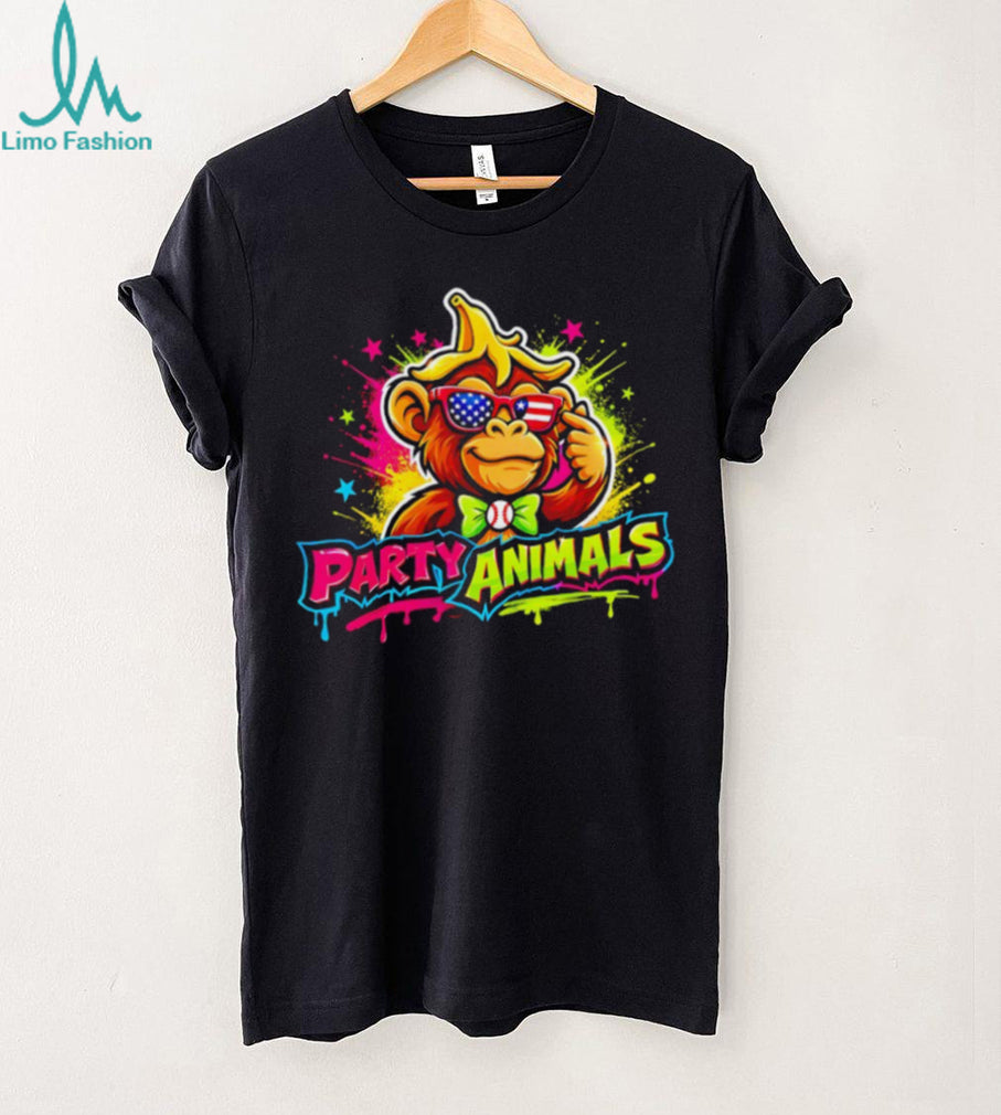 Party Animals Gorilla Sunglasses USA Flag Bowtie Neon Graphic T Shirt