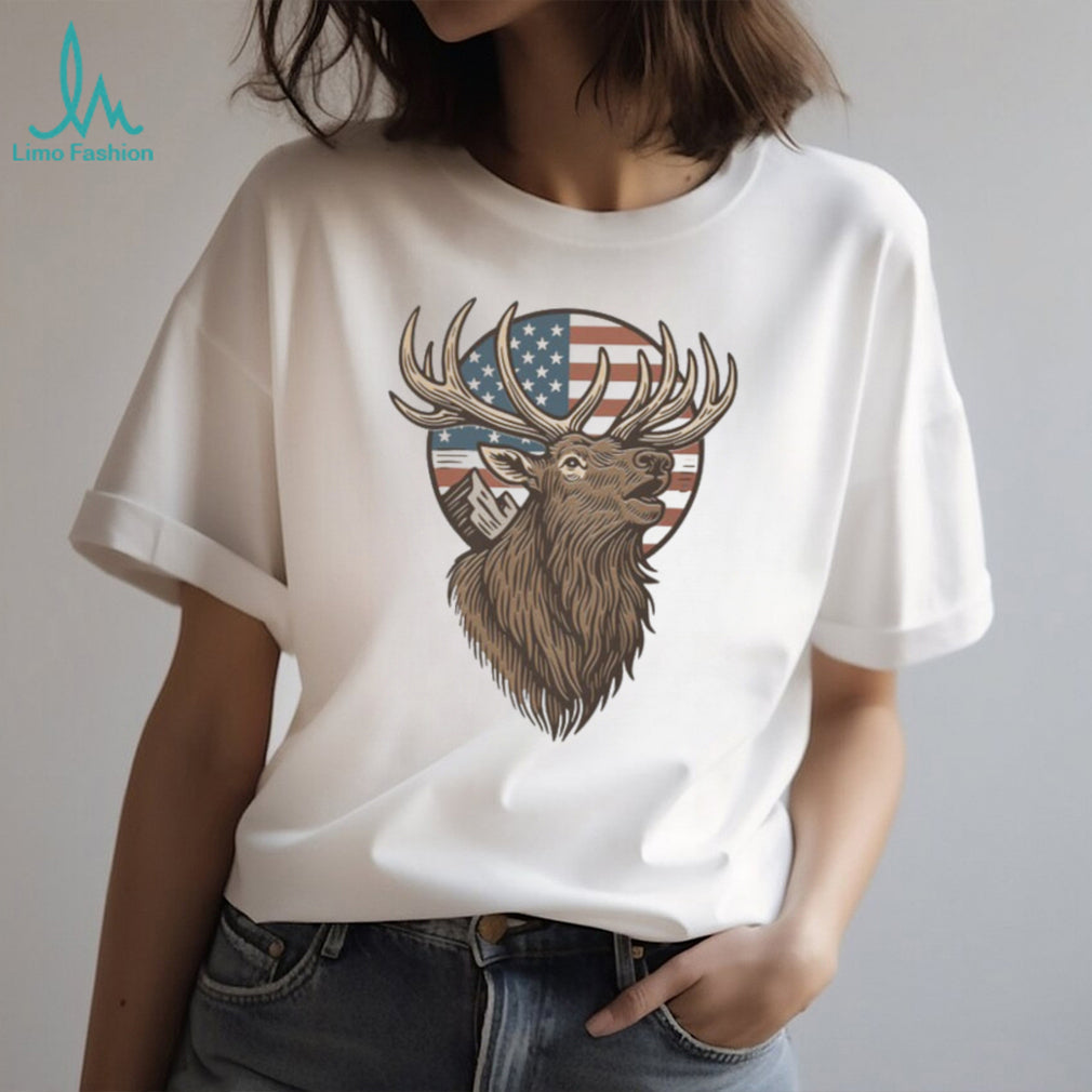 Patriotic American Flag Elk Mountain Wildlife Silhouette T Shirt