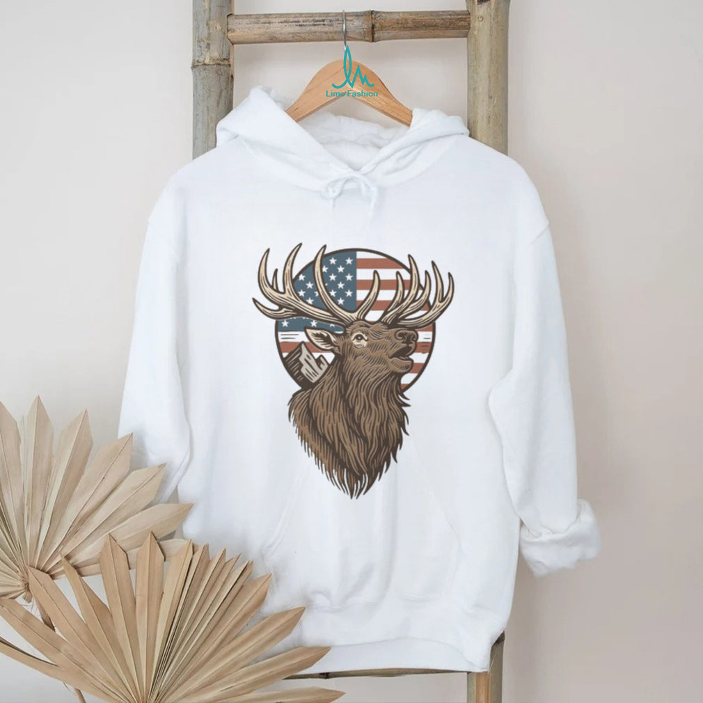 Patriotic American Flag Elk Mountain Wildlife Silhouette T Shirt