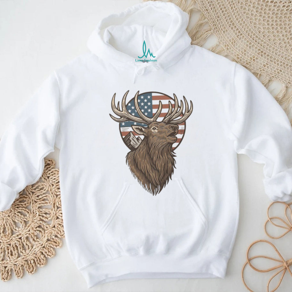 Patriotic American Flag Elk Mountain Wildlife Silhouette T Shirt