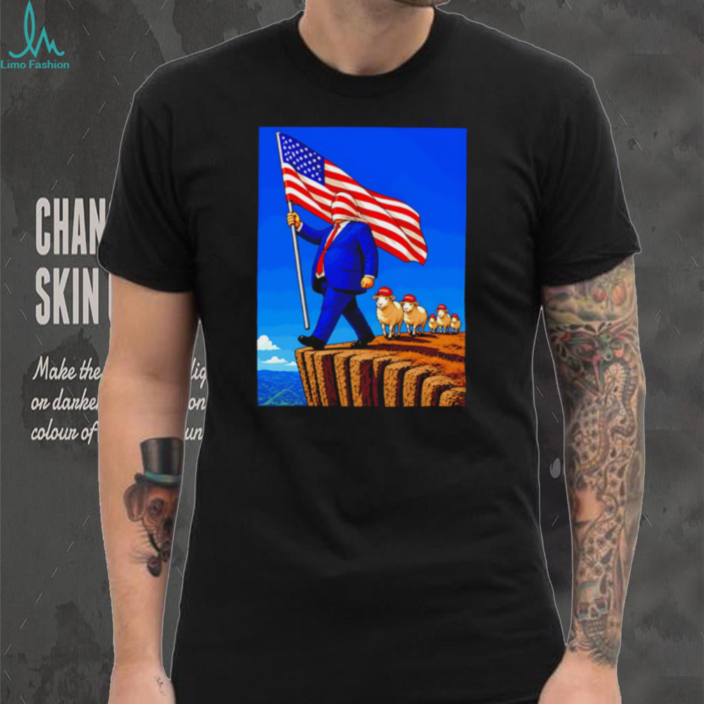 Patriotic American Flag Sheep Cliff Political Satire Illustration Graphic T Shirt
