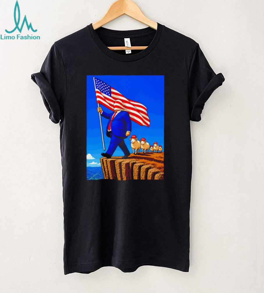Patriotic American Flag Sheep Cliff Political Satire Illustration Graphic T Shirt