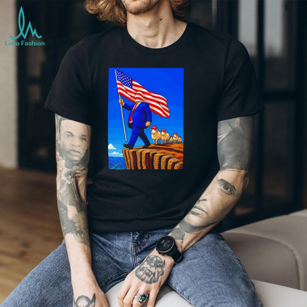 Patriotic American Flag Sheep Cliff Political Satire Illustration Graphic T Shirt