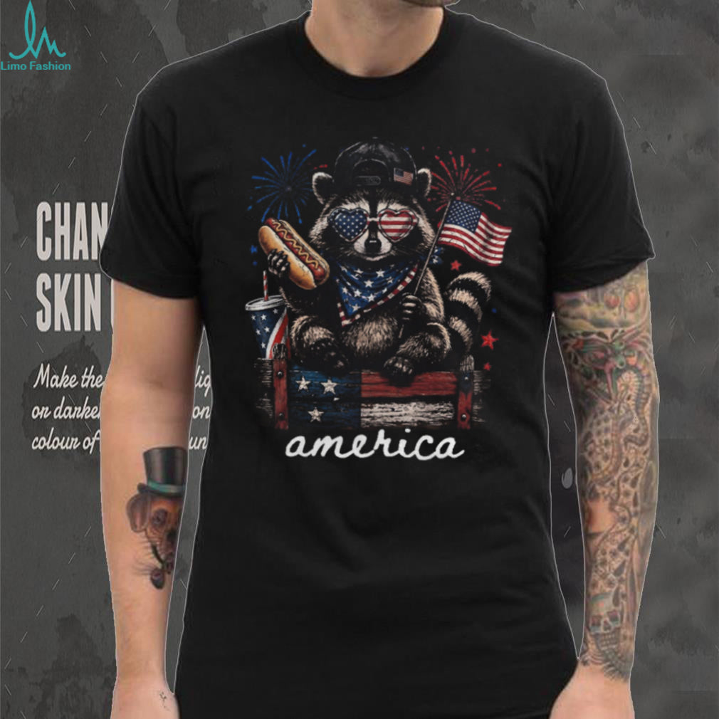 Patriotic Raccoon USA Flag Hot Dog Fourth of July Graphic Shirt