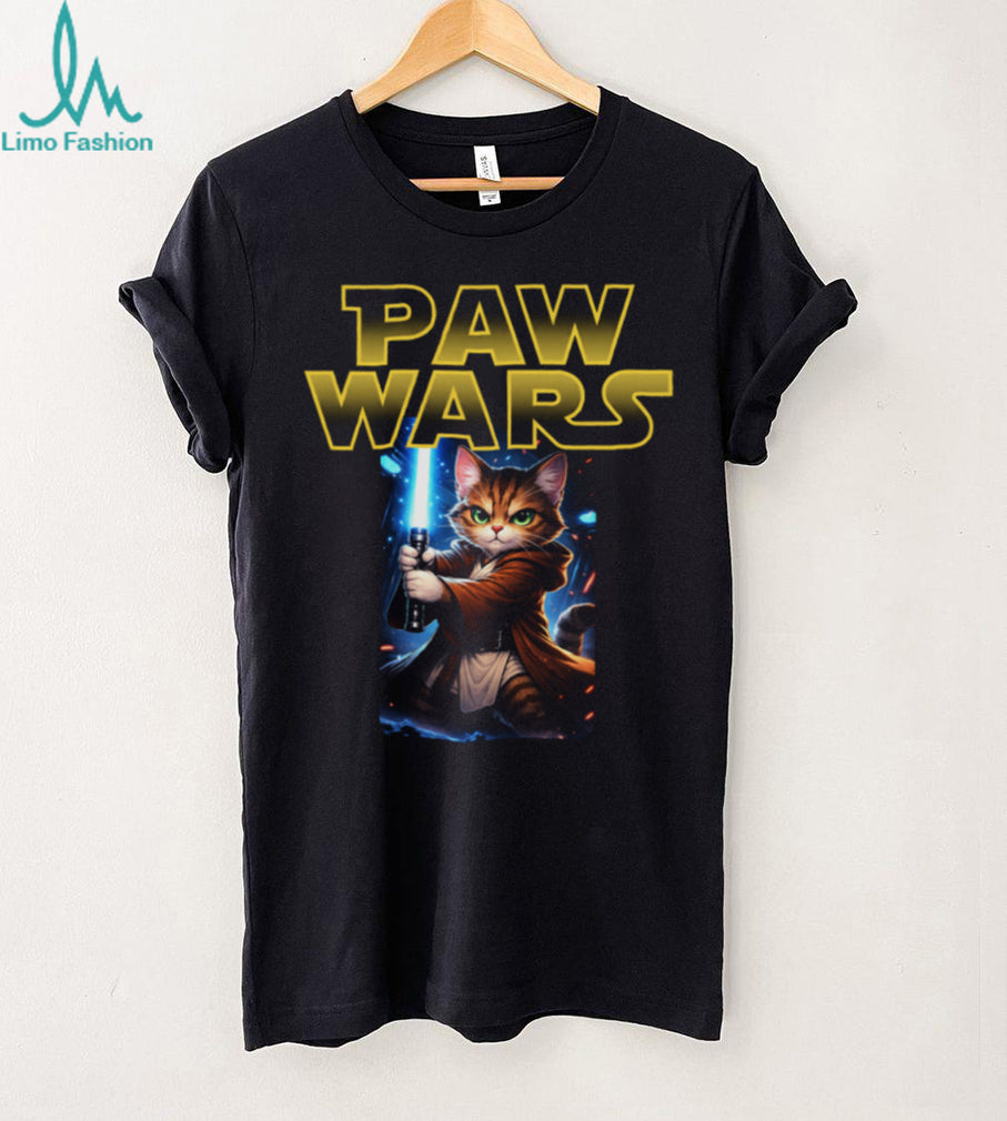 Paw Wars Jedi Cat With Lightsaber Funny Space Kitten T Shirt