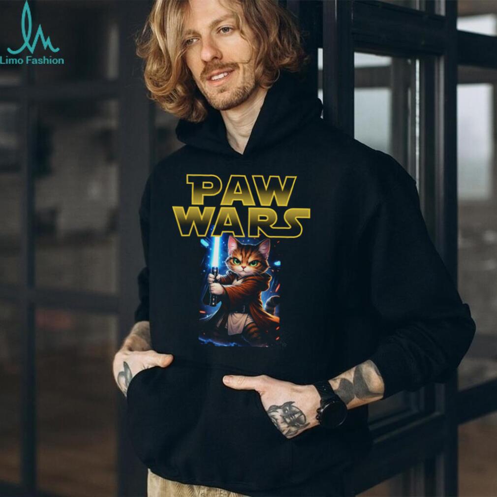 Paw Wars Jedi Cat With Lightsaber Funny Space Kitten T Shirt