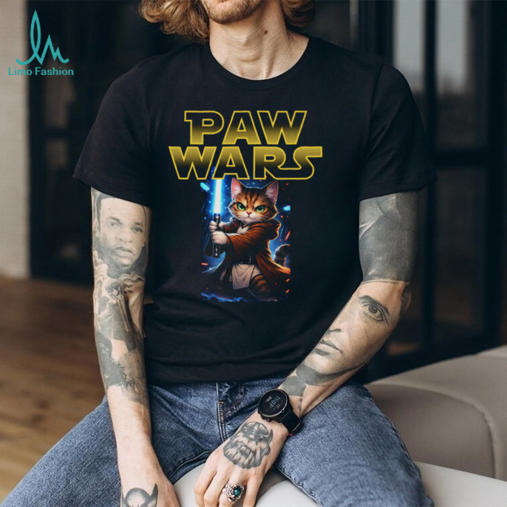 Paw Wars Jedi Cat With Lightsaber Funny Space Kitten T Shirt