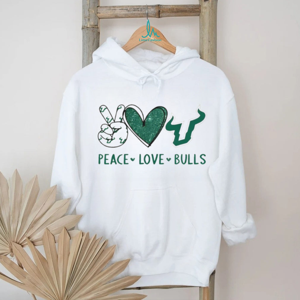 Peace Love Bulls USF South Florida Green Glitter Fan T Shirt