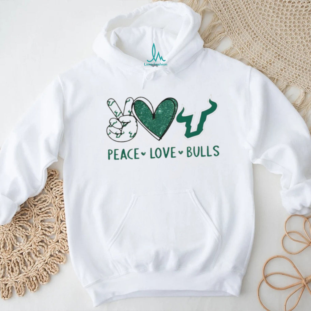 Peace Love Bulls USF South Florida Green Glitter Fan T Shirt