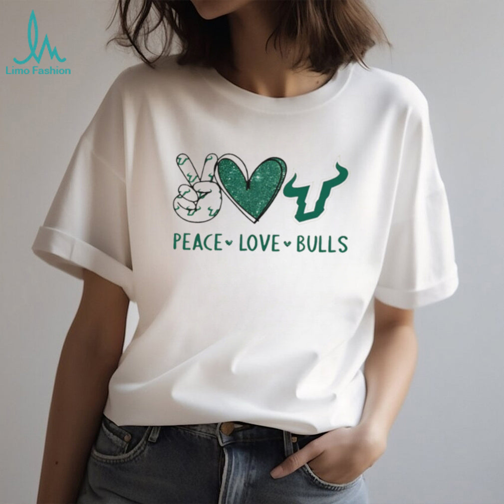 Peace Love Bulls USF South Florida Green Glitter Fan T Shirt