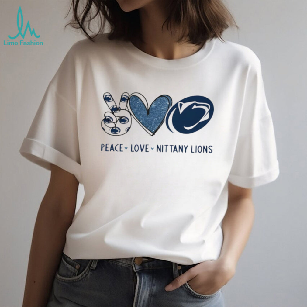 Peace Love Nittany Lions Penn State Blue Glitter Fan T Shirt