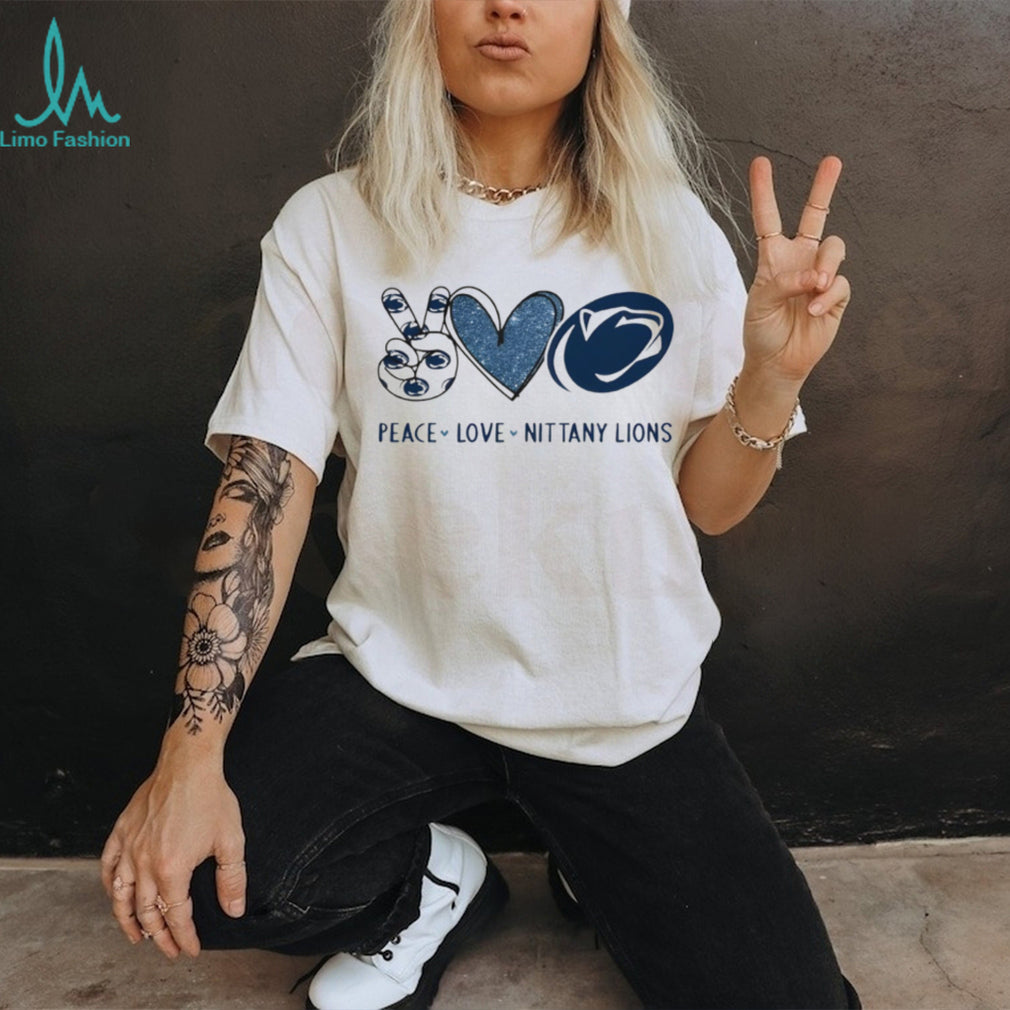 Peace Love Nittany Lions Penn State Blue Glitter Fan T Shirt