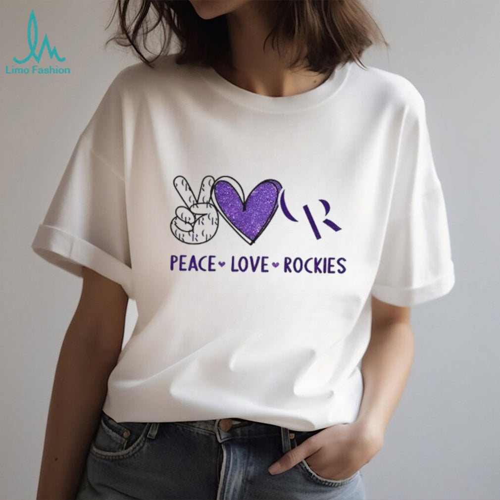 Peace Love Rockies Colorado Baseball Purple Glitter Logo T Shirt