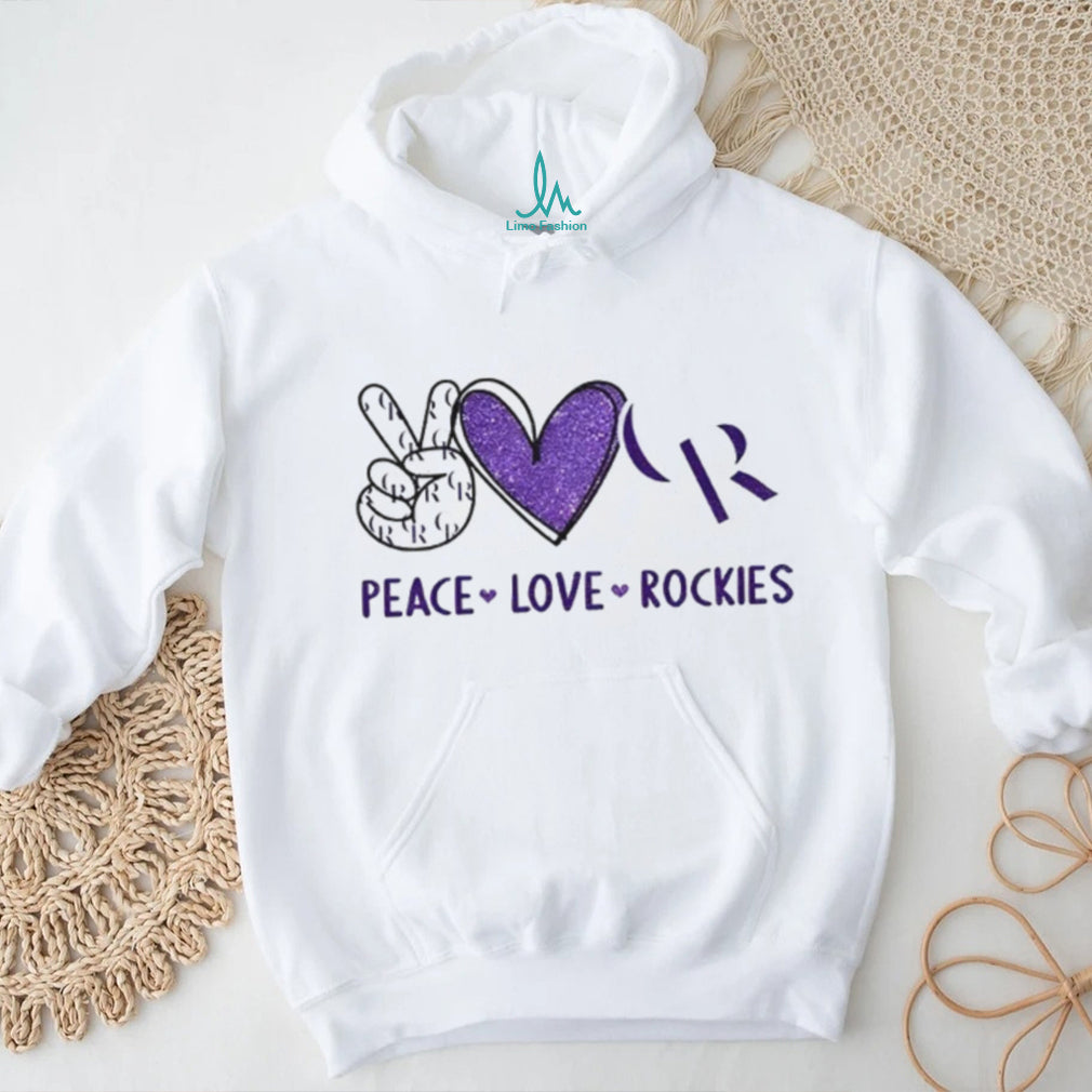 Peace Love Rockies Colorado Baseball Purple Glitter Logo T Shirt
