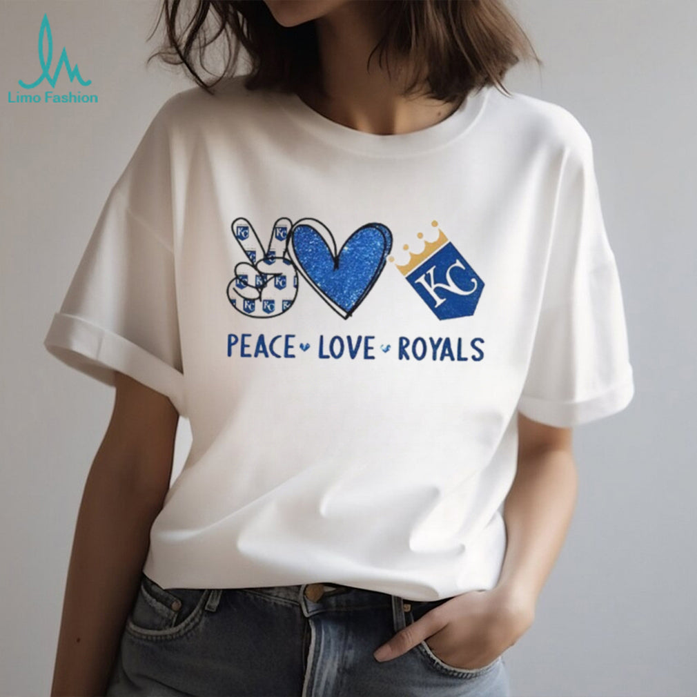 Peace Love Royals Kansas City Baseball Fan Blue Glitter Logo T shirt
