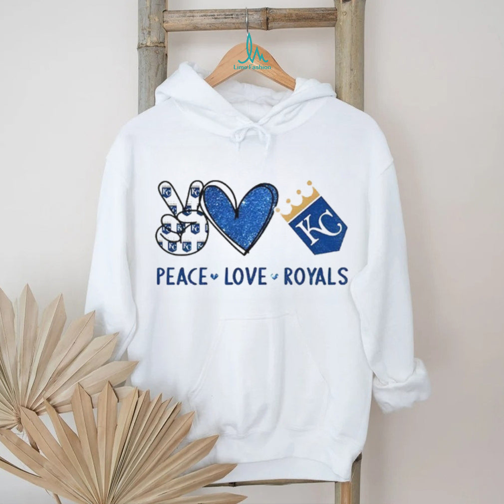 Peace Love Royals Kansas City Baseball Fan Blue Glitter Logo T shirt