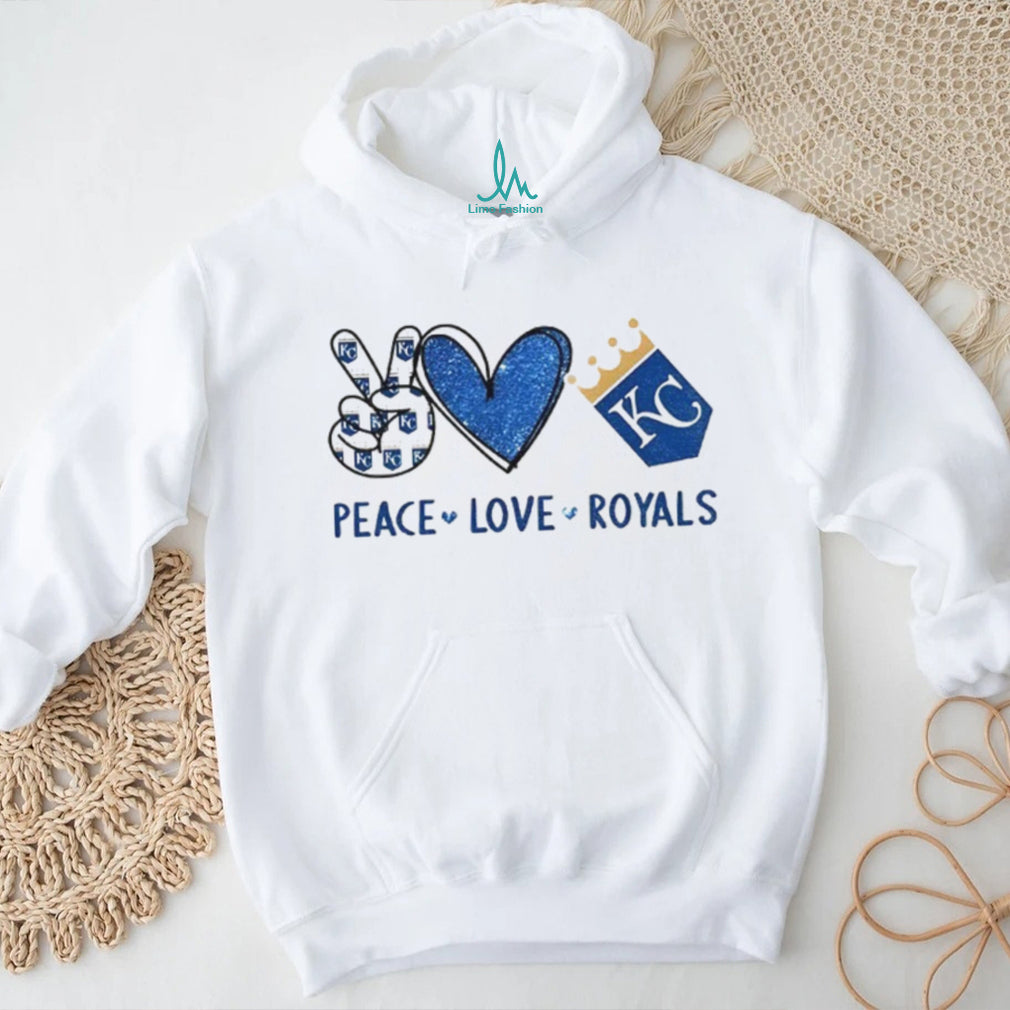 Peace Love Royals Kansas City Baseball Fan Blue Glitter Logo T shirt