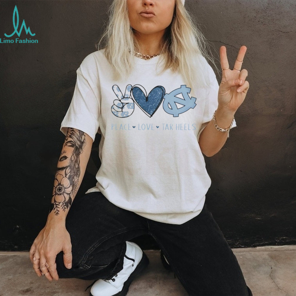 Peace Love Tar Heels North Carolina Blue Glitter Fan T Shirt