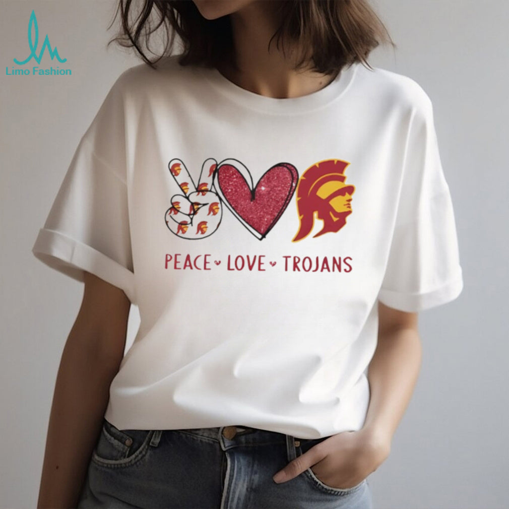 Peace Love USC Trojans Cardinal and Gold Fan T Shirt