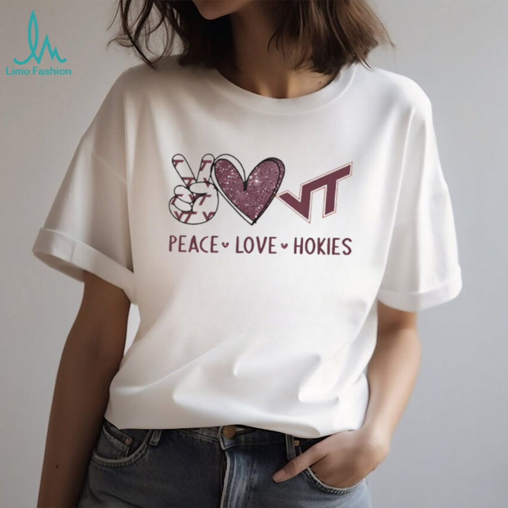 Peace Love Virginia Tech Hokies Maroon and Orange T Shirt