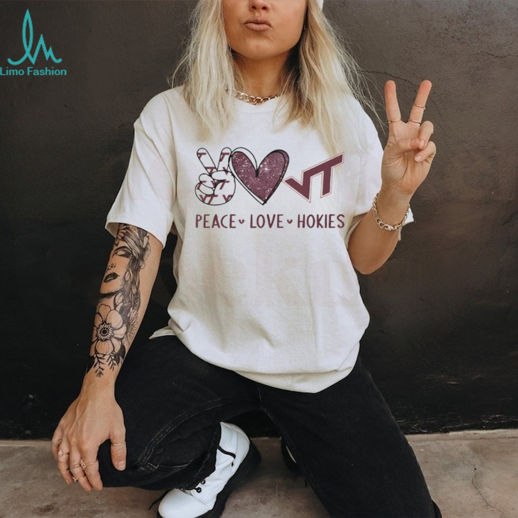 Peace Love Virginia Tech Hokies Maroon and Orange T Shirt