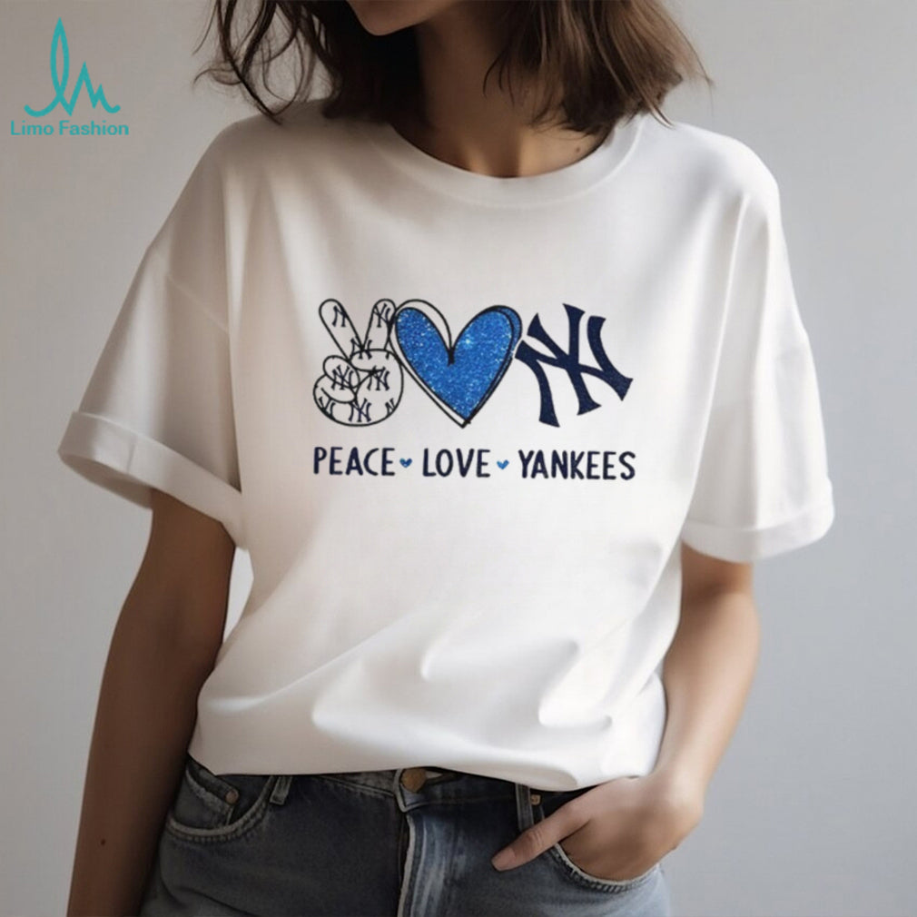 Peace Love Yankees New York Baseball Blue Glitter Heart T Shirt