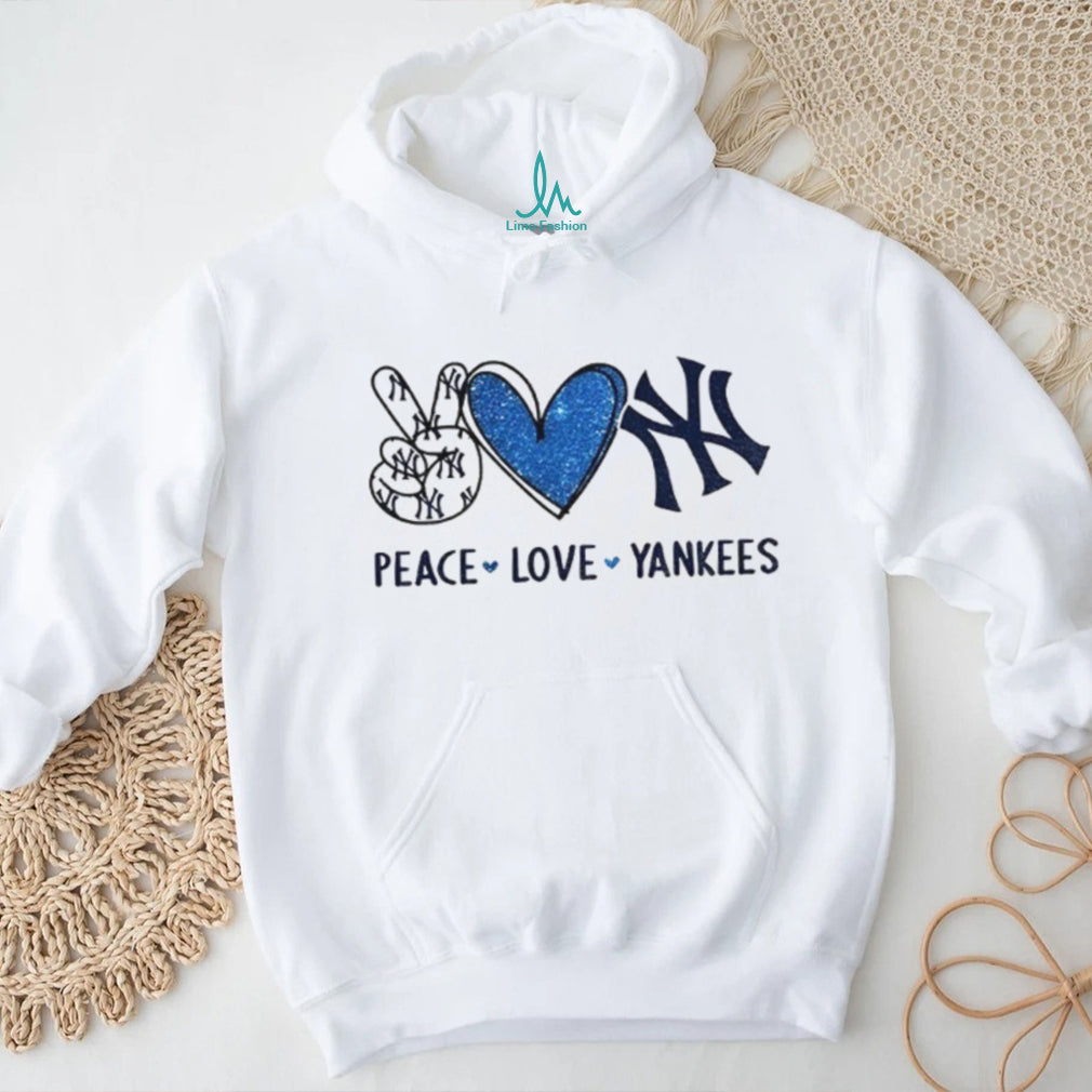 Peace Love Yankees New York Baseball Blue Glitter Heart T Shirt