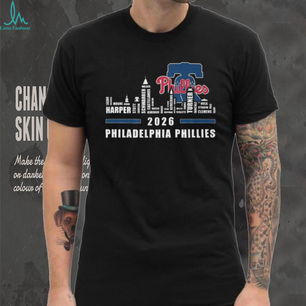 Philadelphia Phillies 2024 Players Names Skyline Liberty Bell T Shirt