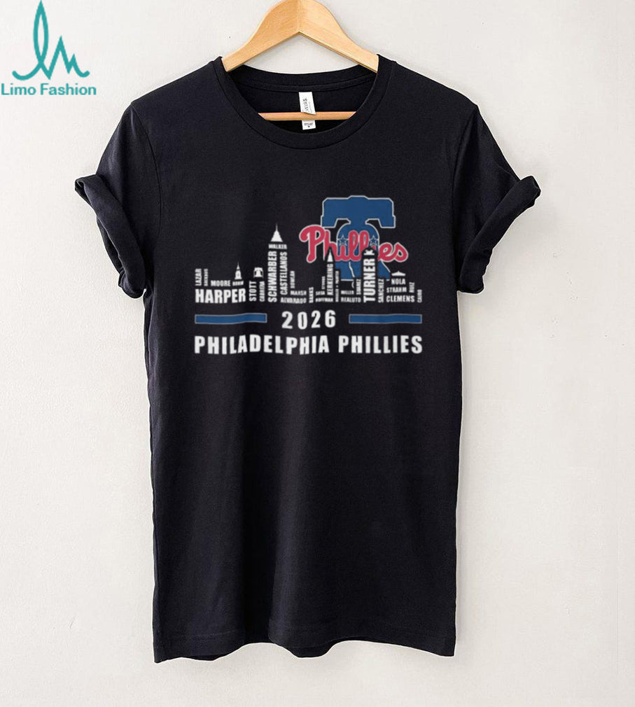 Philadelphia Phillies 2024 Players Names Skyline Liberty Bell T Shirt