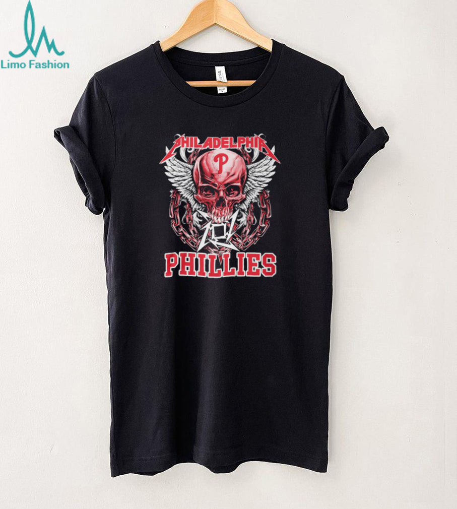Philadelphia Phillies Red Skull With White Wings And Heavy Metal Chains T Shirt