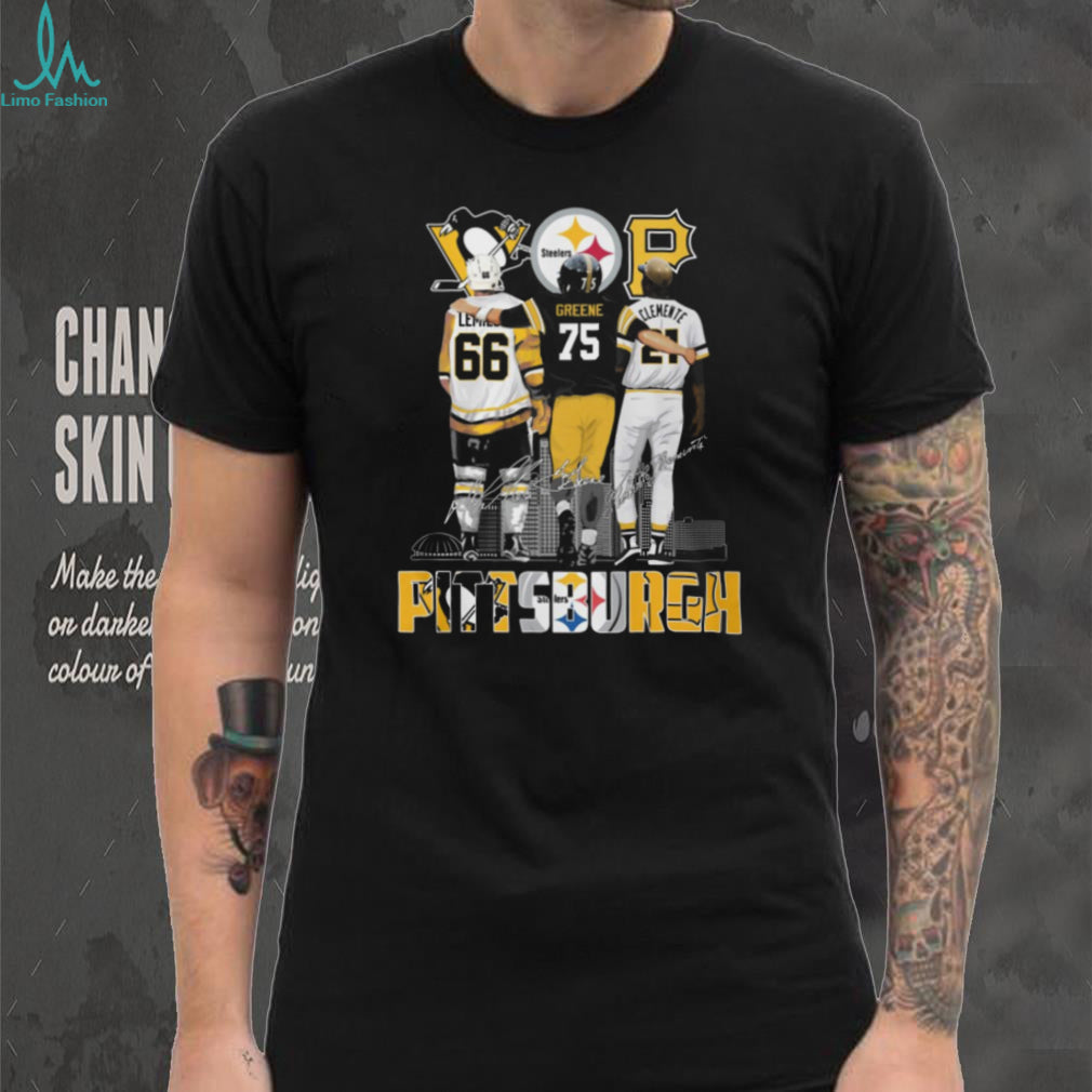 Pittsburgh Legends T Shirt Lemieux, Greene, Clemente Trio Signatures