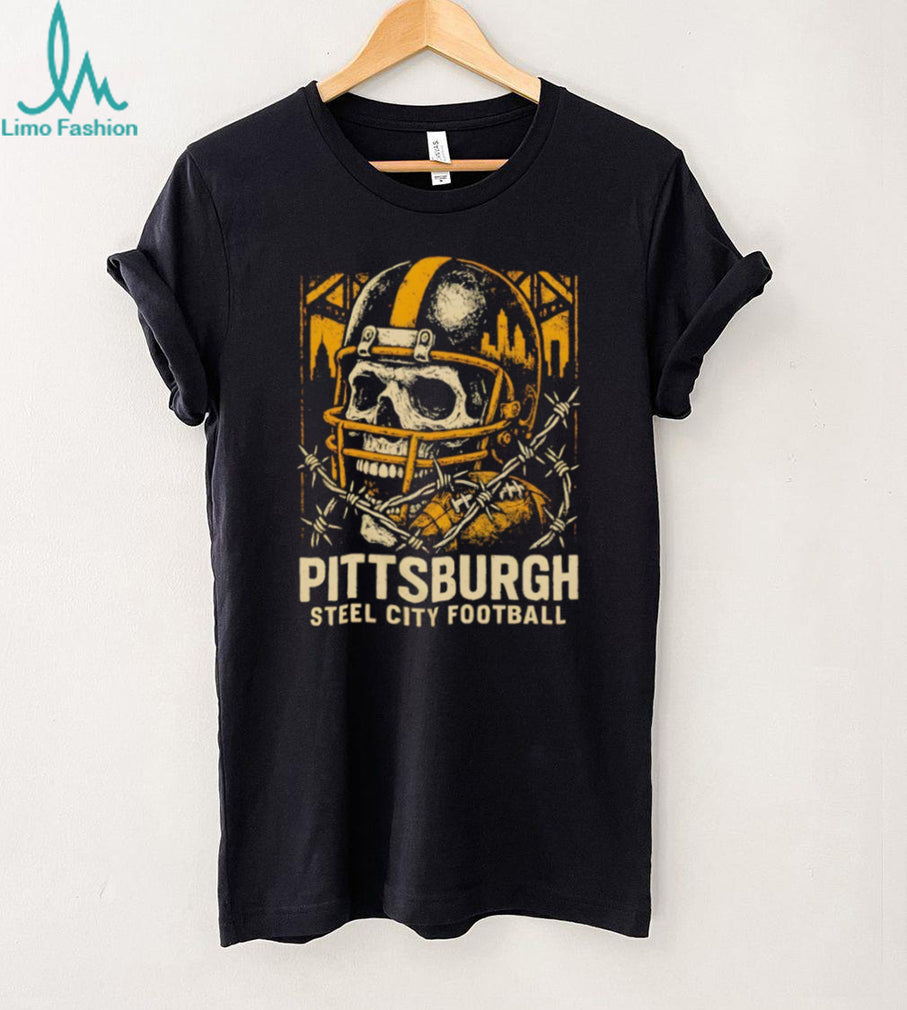 Pittsburgh Steel City Football Skull Helmet Barbed Wire Vintage Game Day T Shirt