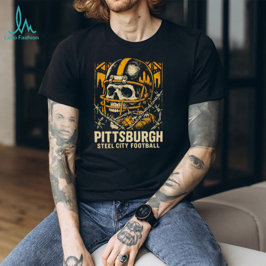 Pittsburgh Steel City Football Skull Helmet Barbed Wire Vintage Game Day T Shirt