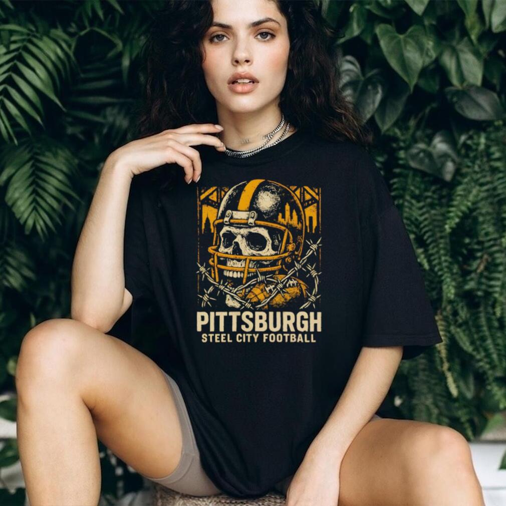 Pittsburgh Steel City Football Skull Helmet Barbed Wire Vintage Game Day T Shirt