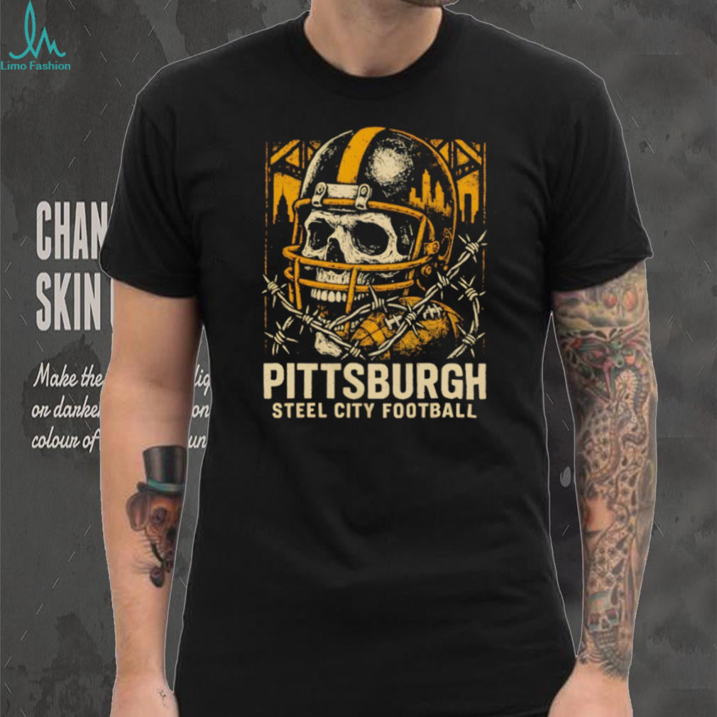 Pittsburgh Steel City Football Skull Helmet Barbed Wire Vintage Game Day T Shirt