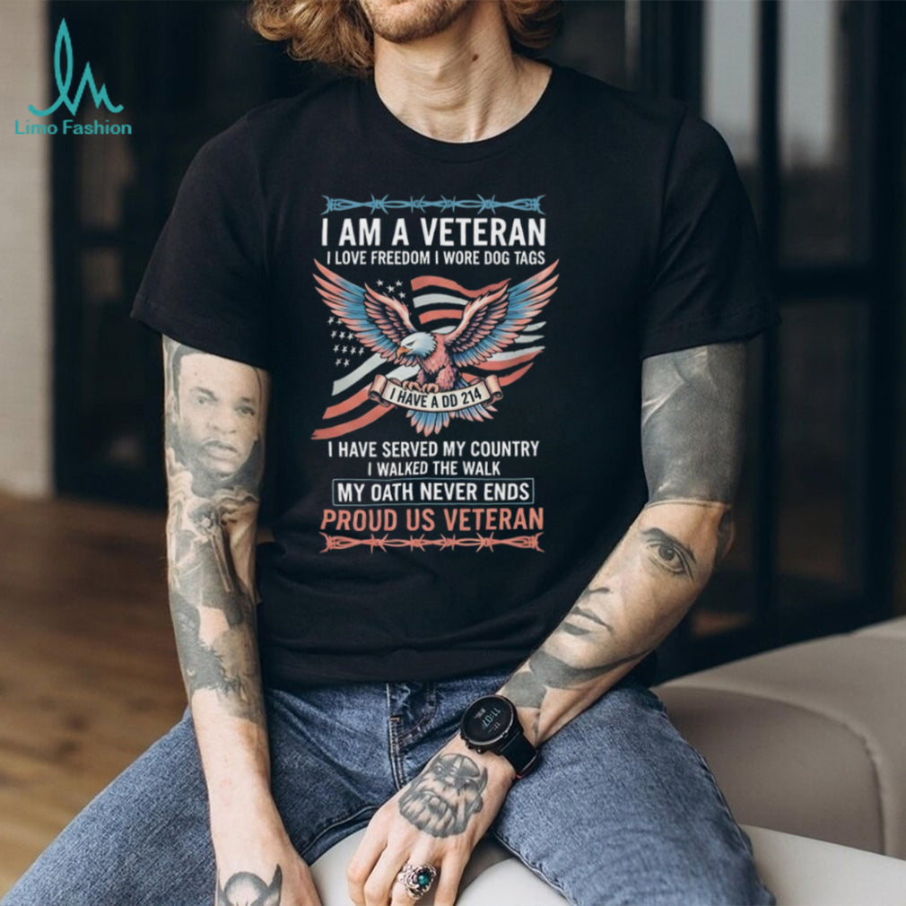 Proud US Veteran DD214 Oath Never Ends T Shirt with Eagle & Barbwire