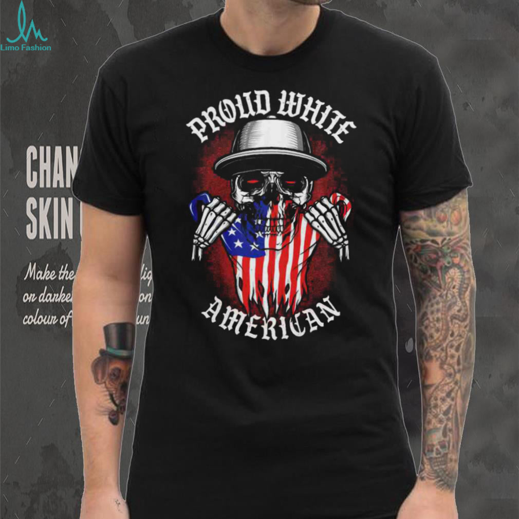 Proud White American Skull USA Flag T Shirt Patriotic Biker Graphic Tee