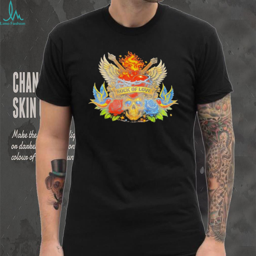 Rock of Love Vintage Tattoo Style Skull and Roses T Shirt