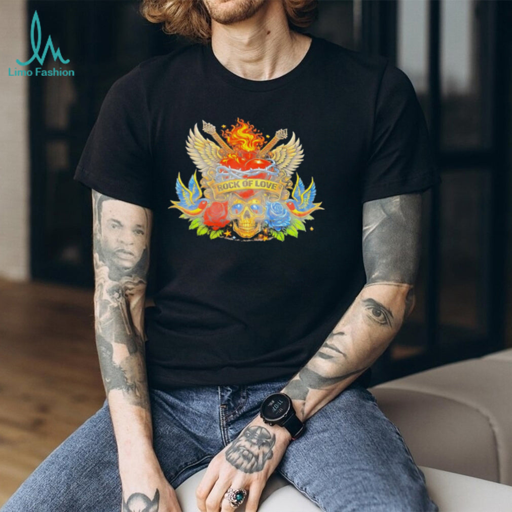 Rock of Love Vintage Tattoo Style Skull and Roses T Shirt