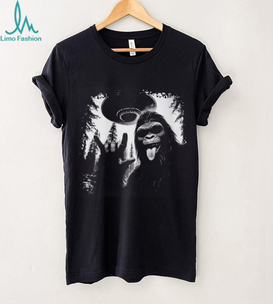Rock on Bigfoot Sasquatch and UFO Alien Mothership Graphic T Shirt