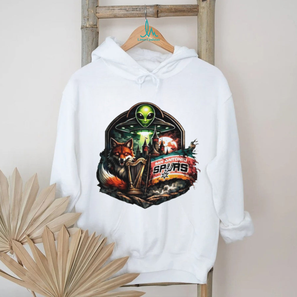 San Antonio Spurs Fantasy Alien UFO Fox and Harp Crest T Shirt